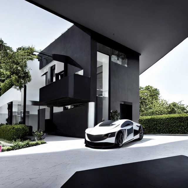10589-3315971367-luxus supercar in drive way of luxus villa in black dark modern house with sunlight black an white modern.webp